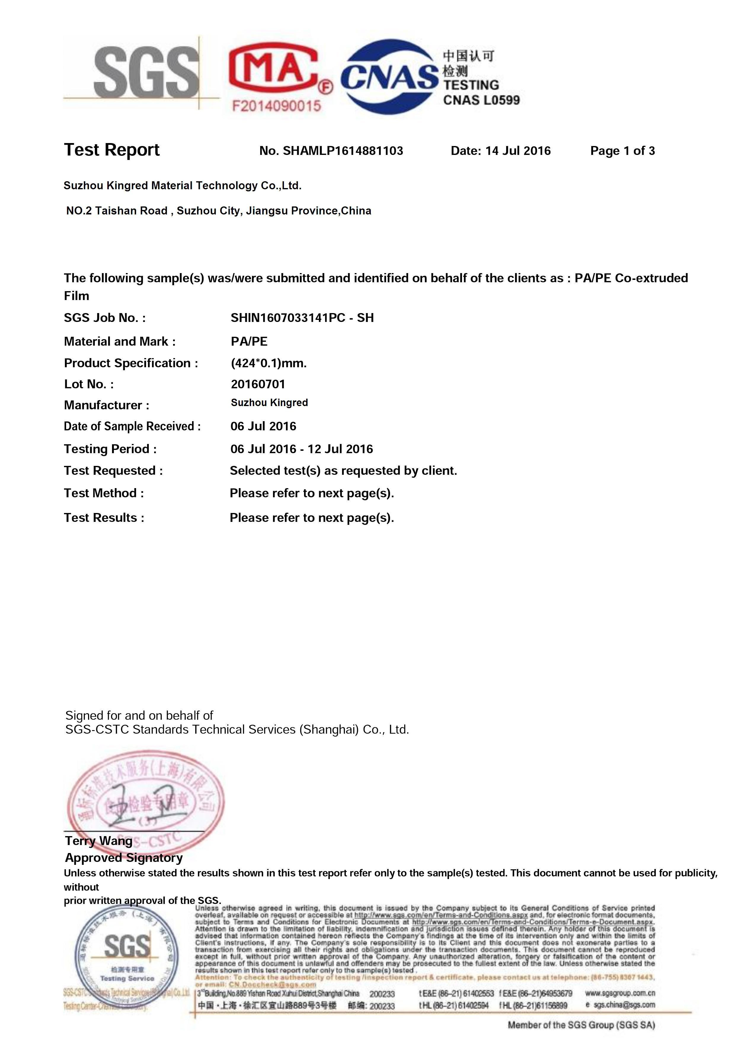 China Suzhou Kingred Material Technology Co.,Ltd. Certificaciones